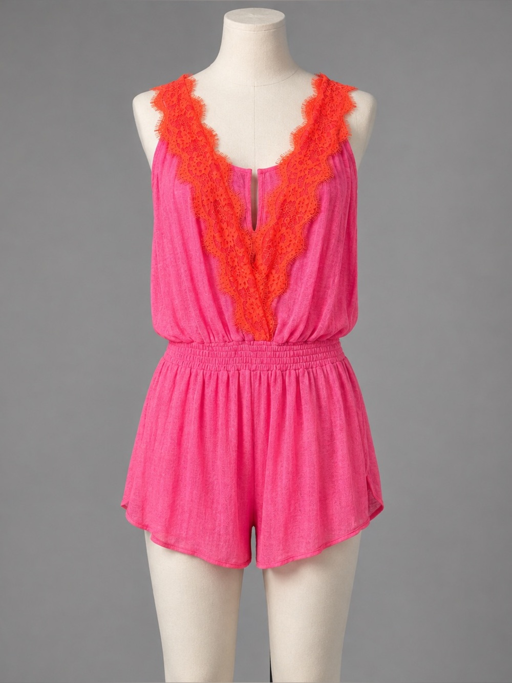 Margaret Josephs Lace Trim Romper Women Pink Orange XS NWT Barbiecore